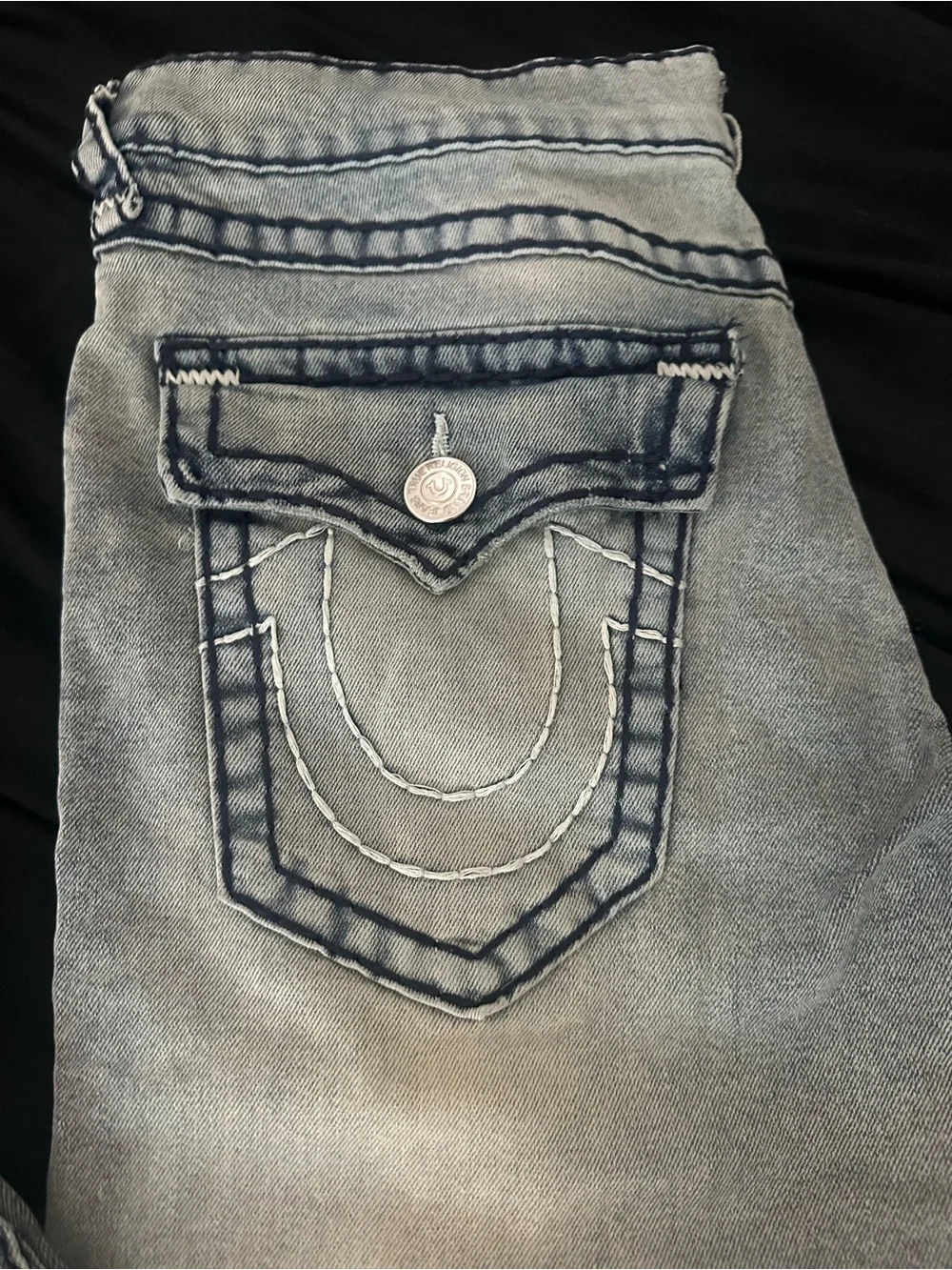 True Religion men’s Light Blue Boot Cut Jeans with Signature Pocket
